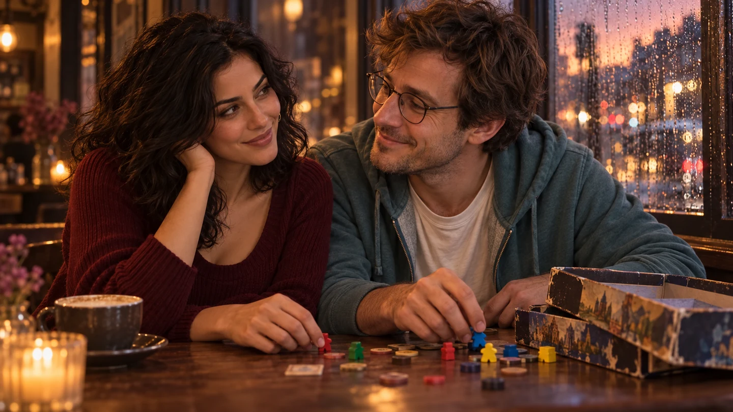 Fictional adults Mina and Owen smile over a board game in a rainy cafe