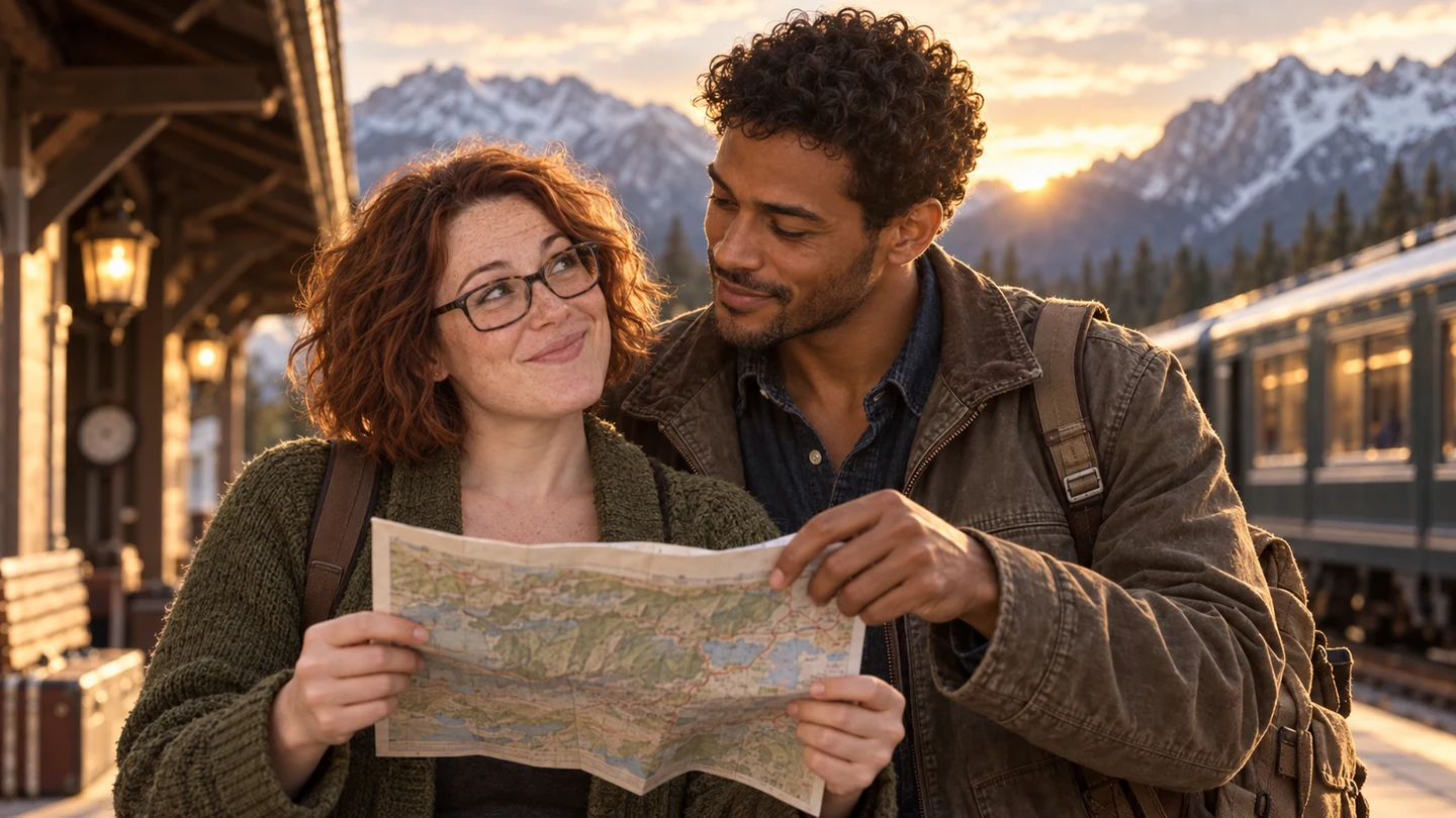 Fictional adults Rowan and Ivy share a map on a mountain train platform